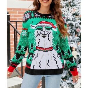 NWT‎ Christmas Sweater Green Llama Sunglasses 3D Pom Pom Santa Hat Small